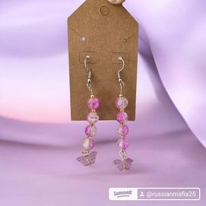 Elegant Pink Beaded Butterfly Earrings